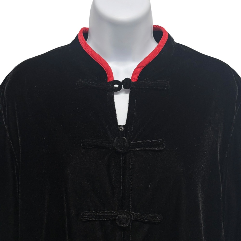 Newport News Black Velvet Mandarin Jacket Red Floral Embroidery Frog Closure 12 - Picture 4 of 13